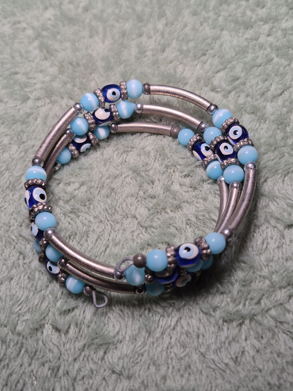 Vintage Turquoise Blue Evil Eye Beaded Coil Bracelet
